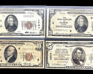 (4) 1929 US FRNs & National Currency Notes