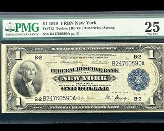 1918 US $1 Federal Reserve Note New York VF25