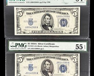 (2) PMG Graded US 1934 $5 Silver Certificates