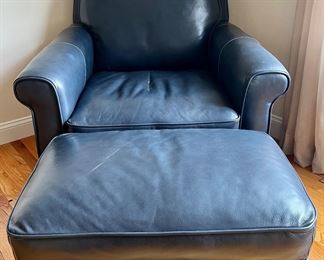 (2) Blue Leather Armchairs with Ottomans