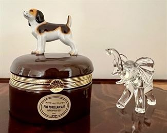 Fitz & Floyd Beagle Trinket Box & Crystal Elephant