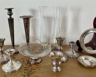 Assorted Sterling Silver Candlesticks, Vases, Footed Compotes & Dishes