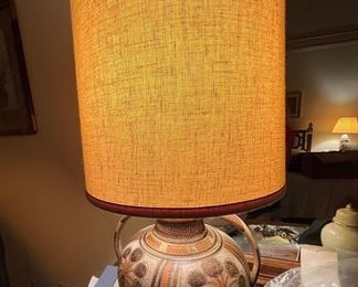 Beautiful MCM pottery-like lamp with large shade.  Again, in excellent condition.  No tears in the shade or anything.