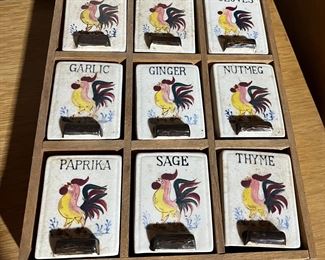 1950s vintage ceramic Fred Roberts Co. 9-jar spice set with rack.