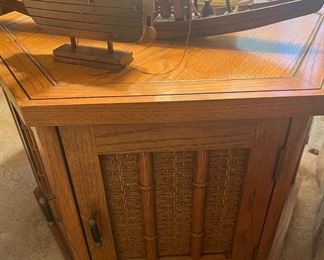 MCM Hexagonal end table with two doors and a rattan front.  Beautiful!
