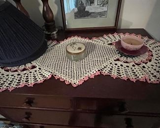 Precious handmade pink and white doily.  Everybody's Grandma or Great-Grandma had one or more of these.  Heck, they probably crafted each one themselves.