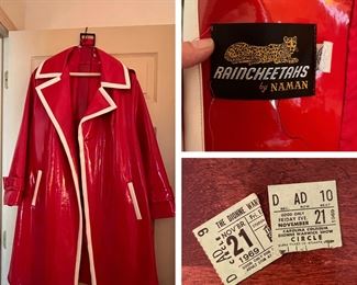 This is a vintage Red "Raincheetah by Naman' raincoat from the 60's.  And take a look at what we found in the pocket...Tickets to a 1969 Dionne Warwick concert.  