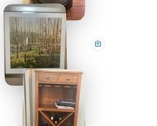 Ethan Allen Wine rack, artwork, and Roomba 