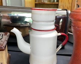 Red and white enamel coffee pot, missing lid