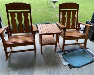 Wooden porch rockers and table 