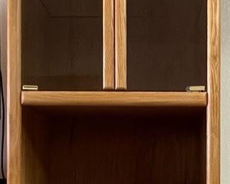 Oak Cabinet w Smokey Glass Front Doors and Storage Below