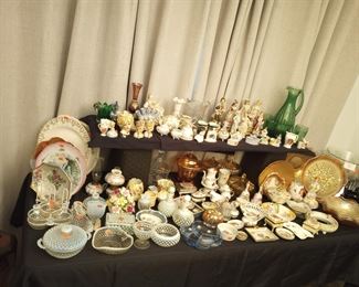 Elegant glassware, opalescent, head vases, Victorian couples, ...