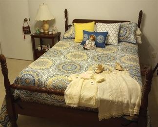 Antique pineapple finial full bed, antique baby clothes and shoes, ...