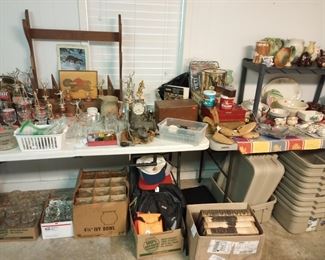 Vtg. Gun rack, liquor glasses, heavy goblets, antique books, totes, ...