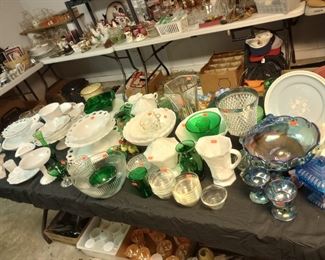 Milk glass, emerald green glassware, blue carnival glass, ...