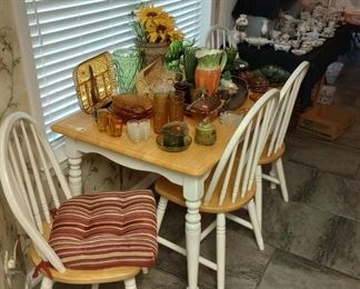 Kitchenette, advacado and amber glassware, Fitz and Floyd carrot pitcher, sunflowers, ...
