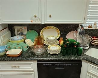 Jadite, Pyrex nesting bowls, Blinko drinkware, green sandwich glass, Sunbeam stand mixer with extras, ...