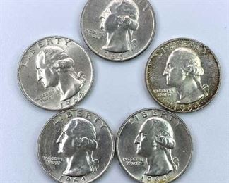 (5) 1964-P,D Washington Silver Quarters, AU-BU