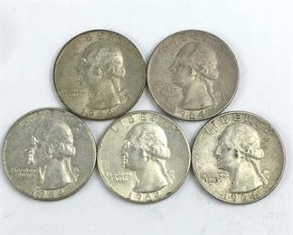(5) 1964-D Washington Silver Quarters, XF/AU