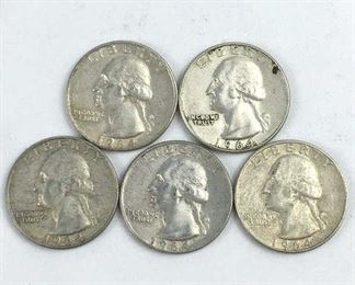 (5) 1964-D Washington Silver Quarters, XF/AU