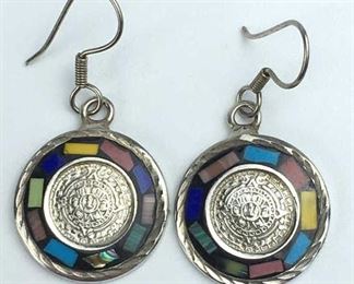 Sterling Silver Aztec Calendar Earrings