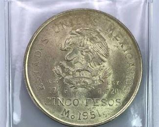 1951 Mexico Silver 5 Pesos, Nice BU w/ Luster