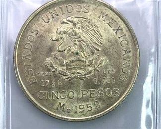 1952 Mexico Silver 5 Pesos, AU/BU w/ Luster