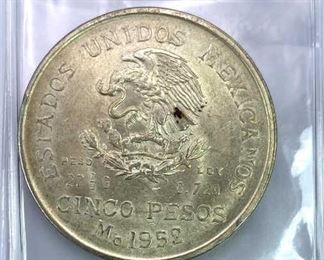 1952 Mexico Silver 5 Pesos, AU/BU w/ Luster