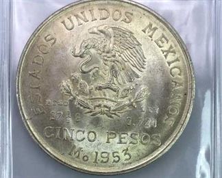 1953 Mexico Silver 5 Pesos, Nice BU w/ Luster