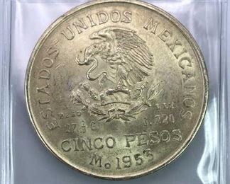 1953 Mexico Silver 5 Pesos, AU/BU w/ Luster