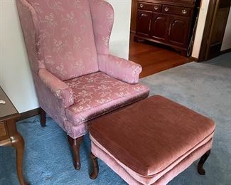 Pink wing back chair w/ottoman