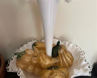 Milk glass piece with heavy glass sculpted fruit