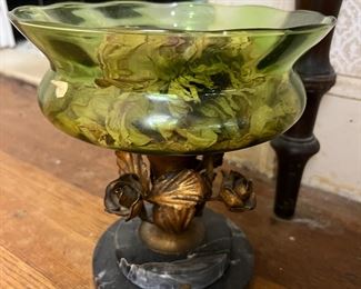 Green Glass, Gilt-Bronze & Marble Base Urn $60