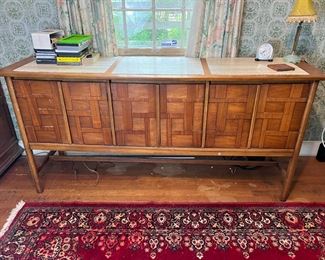 Beautiful MCM Credenza w/ Basketweave Detail at Front & Travertine Inlay Top $300
