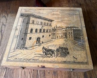 Vintage Antinori Wood Wine Case/Box with Etched Lid Featuring a Scene of Florence, Italy $40