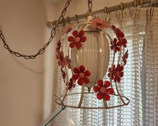 Swanky 60w-70s Tole Inspired hanging lamp. NOT TOLE, metal with plastic flowers. 