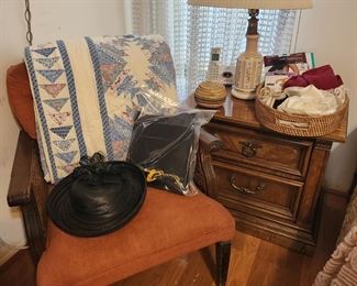accent chair, hat, nightstands