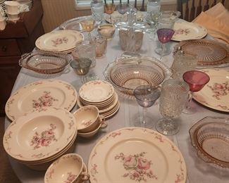 More depression glass and dishes, Castleton Belle rose
