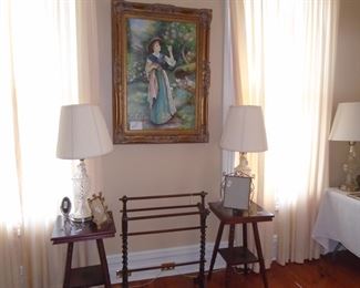 Quilt rack and occasional tables with crystal lamps