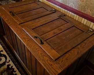 Antique oak ice box on casters, Indiana Mfg Co