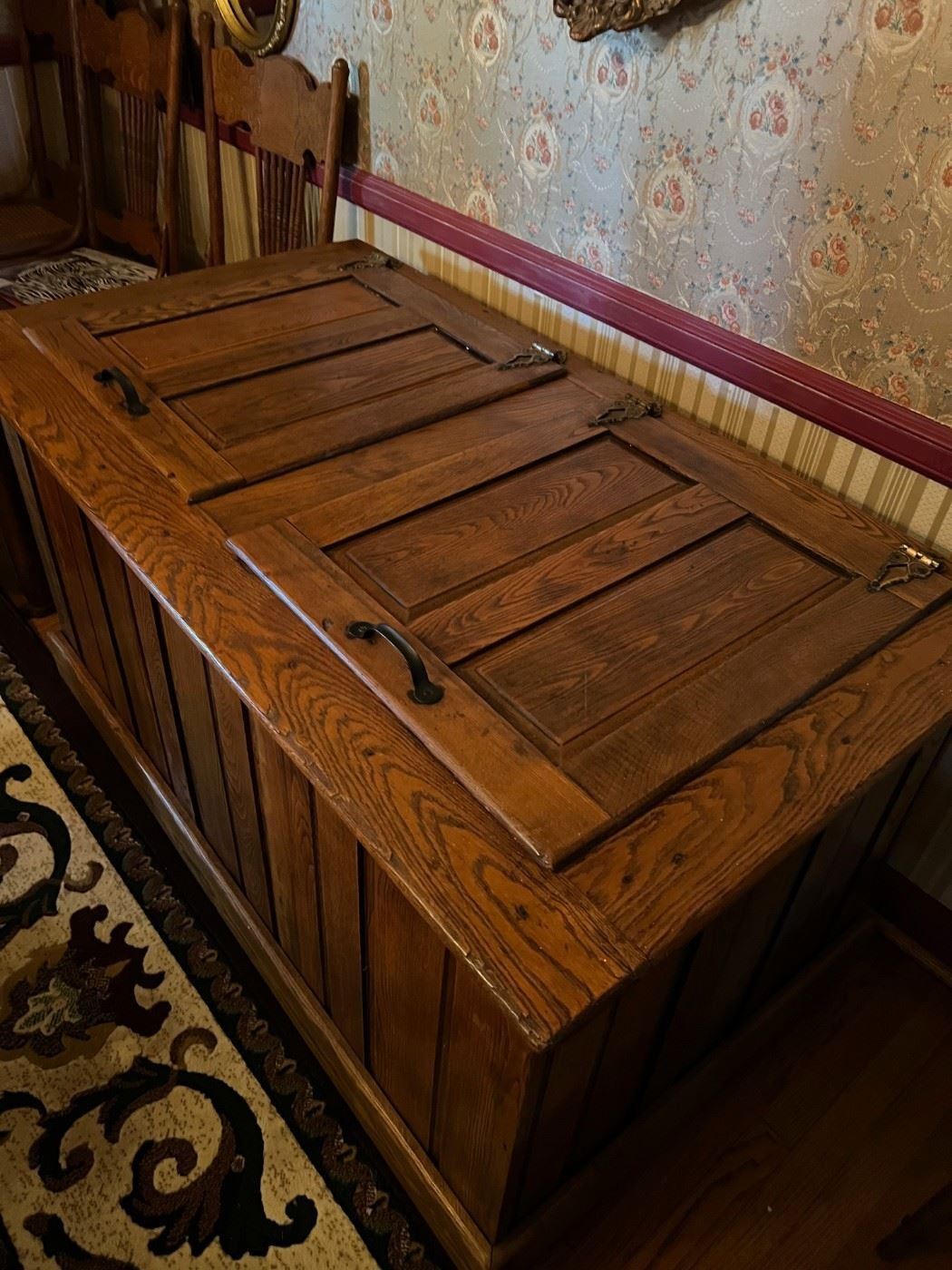 Antique oak ice box on casters, Indiana Mfg Co