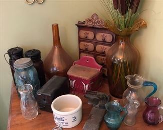 Old Mason Jars, Salt Box, Colored Glass, Antique Nut Cracker, Vases
