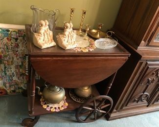 Tea Cart, Brass Candle Holders, Heisey Glass, Bookends