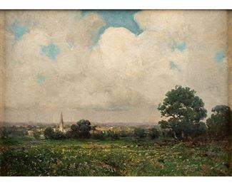 Julian Onderdonk, Northeastern landscape with church spire, oil on canvas