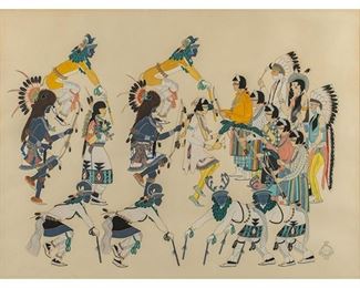 Joe Herrera SeeRu, Native American Dance Scene, watercolor and gouache