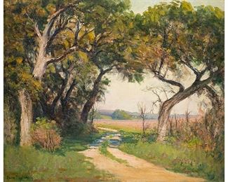 Rolla Sims Taylor, Texas dirt road with oak trees, oil on canvas
