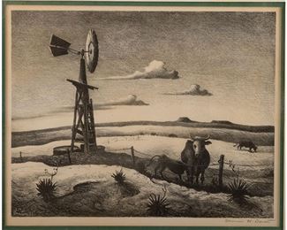 Thomas Hart Benton (Missouri / Massachusetts, 1889-1975), "West Texas", windmill with steer, pencil-signed lithograph, 1952