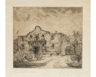 Willie Reed Rowe (Amer., 1914-1986), "The Alamo", printed in 1979 from plate produced in 1949, etching, with inscription "Print for Fred" (Gordon "Fred" Plank), ed/100 