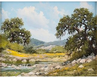 William A. Slaughter (Texas, 1923-2003), coreopsis landscape with oak tree, oil on canvas