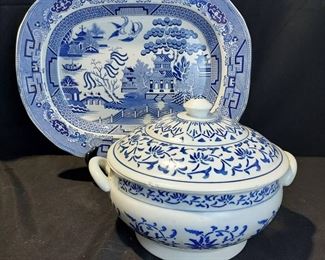 Beautiful Staffordshire Blue and White Stoneware Platter Plus Lidded Soup Tureen